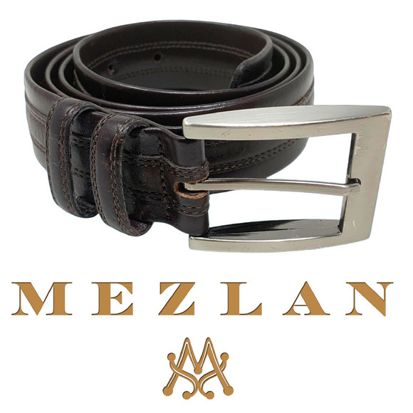 Classic Patina Calfskin Belt – Mezlan Vintage Y2K Mezlan Sz 36 Brown Tumbled Leather Dress Belt Made in Spain